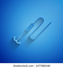 Paper cut Fishing line with hook and float icon isolated on blue background. Fishing tackle. Paper art style. Vector Illustration
