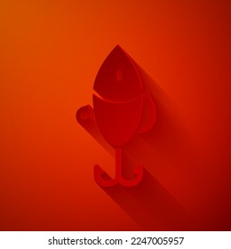 Paper cut Fishing lure icon isolated on red background. Fishing tackle. Paper art style. Vector