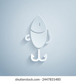 Paper cut Fishing lure icon isolated on grey background. Fishing tackle. Paper art style. Vector