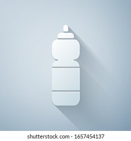 Paper cut Fitness shaker icon isolated on grey background. Sports shaker bottle with lid for water and protein cocktails. Paper art style. Vector Illustration