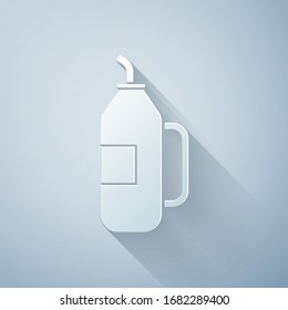 Paper cut Fitness shaker icon isolated on grey background. Sports shaker bottle with lid for water and protein cocktails. Paper art style. Vector Illustration