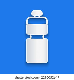 Paper cut Fitness shaker icon isolated on blue background. Sports shaker bottle with lid for water and protein cocktails. Paper art style. Vector