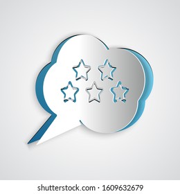 Paper cut Five stars customer product rating review icon isolated on grey background. Favorite, best rating, award symbol. Paper art style. Vector Illustration