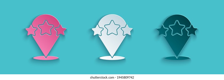 Recorte de papel Icono de revisión de calificación de producto de cinco estrellas aislado en fondo azul. Favorito, mejor calificación, símbolo de premio. Estilo de arte de papel. Vector