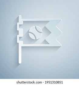 Paper cut Flag with baseball ball icon isolated on grey background. Paper art style. Vector