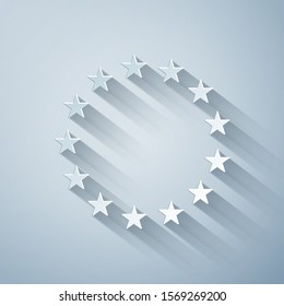 Paper cut Flag of European Union icon isolated on grey background. EU circle symbol. Waving EU flag. Paper art style. Vector Illustration