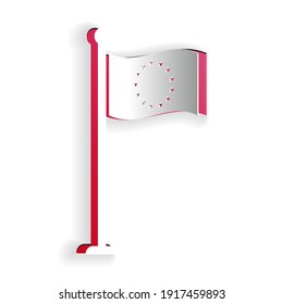 Paper cut Flag of European Union icon isolated on white background. EU circle symbol. Waving EU flag on a metallic pole. Paper art style. Vector.