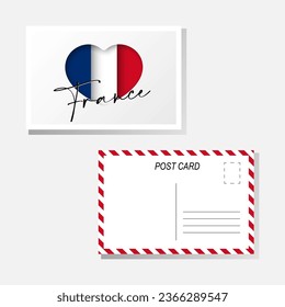 Paper cut flag of France in heart with lettering. Post cards kit.