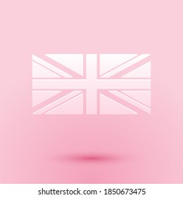 Papierschnitt-Flagge von Großbritannien Symbol einzeln auf rosafarbenem Hintergrund. UK-Flaggenzeichen. Offizielles Zeichen der Flagge des Vereinigten Königreichs. Britisches Symbol. Kunststil aus Papier. Vektorgrafik.