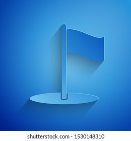 Paper cut Flag icon isolated on blue background. Location marker symbol. Paper art style. Vector Illustration