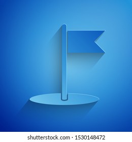 Paper cut Flag icon isolated on blue background. Location marker symbol. Paper art style. Vector Illustration