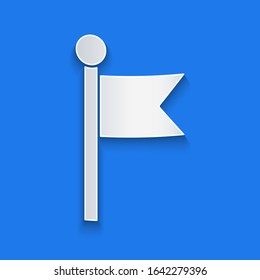 Paper cut Flag icon isolated on blue background. Location marker symbol. Paper art style. Vector Illustration