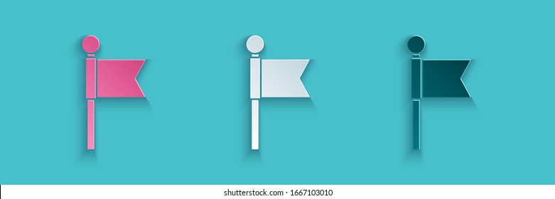 Paper cut Flag icon isolated on blue background. Location marker symbol. Paper art style. Vector Illustration
