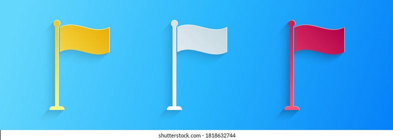 Paper cut Flag icon isolated on blue background. Location marker symbol. Paper art style. Vector.