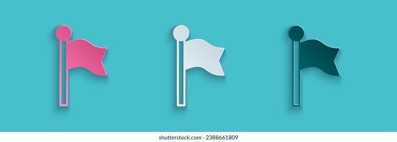 Paper cut Flag icon isolated on blue background. Location marker symbol. Paper art style. Vector