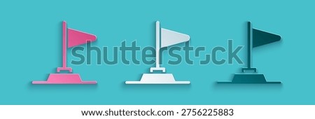 Paper cut Flag icon isolated on blue background. Victory, winning and conquer adversity concept. Paper art style. Vector