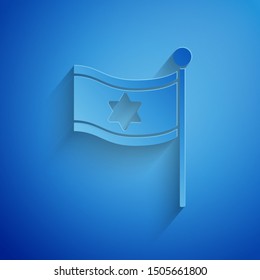 Paper cut Flag of Israel icon isolated on blue background. National patriotic symbol. Paper art style. Vector Illustration