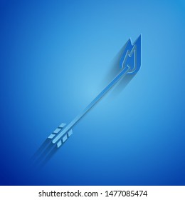 Paper cut Flame arrow icon isolated on blue background. Hipster arrow icon. Paper art style. Vector Illustration
