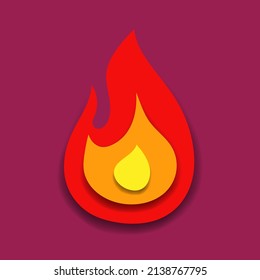 Papierentflammung. Origami 3d Feuer. Farbvektorklammer, einzeln auf violettem Hintergrund. 