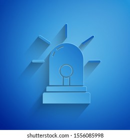 Paper cut Flasher siren icon isolated on blue background. Emergency flashing siren. Paper art style. Vector Illustration
