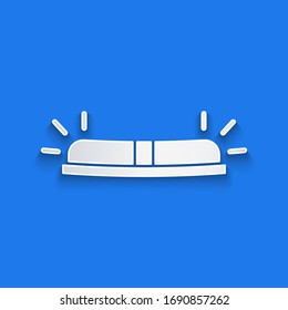Paper cut Flasher siren icon isolated on blue background. Emergency flashing siren. Paper art style. Vector Illustration