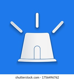 Paper cut Flasher siren icon isolated on blue background. Emergency flashing siren. Paper art style. Vector Illustration