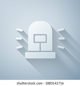 Paper cut Flasher siren icon isolated on grey background. Emergency flashing siren. Paper art style. Vector