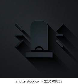 Paper cut Flasher siren icon isolated on black background. Emergency flashing siren. Paper art style. Vector
