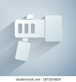 Paper cut Flashlight for diver icon isolated on grey background. Diving underwater equipment. Paper art style. Vector