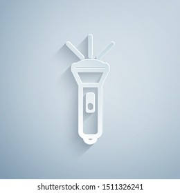Paper cut Flashlight icon isolated on grey background. Paper art style. Vector Illustration