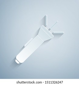 Paper cut Flashlight icon isolated on grey background. Paper art style. Vector Illustration