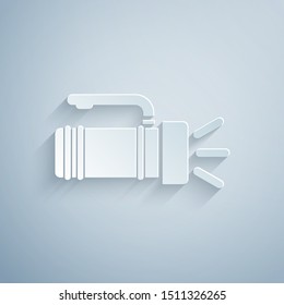 Paper cut Flashlight icon isolated on grey background. Tourist flashlight handle. Paper art style. Vector Illustration