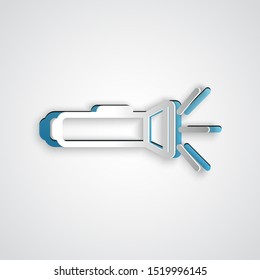 Paper cut Flashlight icon isolated on grey background. Paper art style. Vector Illustration