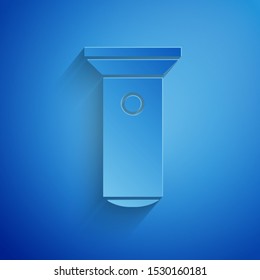 Paper cut Flashlight icon isolated on blue background. Paper art style. Vector Illustration