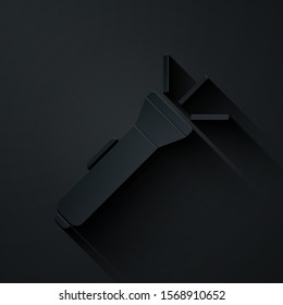 Paper cut Flashlight icon isolated on black background. Paper art style. Vector Illustration