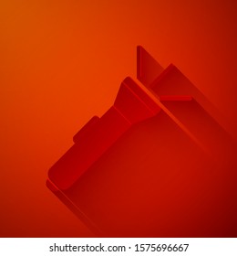 Paper cut Flashlight icon isolated on red background. Paper art style. Vector Illustration