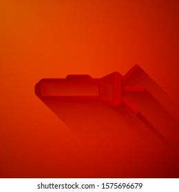 Paper cut Flashlight icon isolated on red background. Paper art style. Vector Illustration