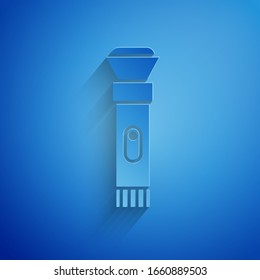 Paper cut Flashlight icon isolated on blue background. Paper art style. Vector Illustration