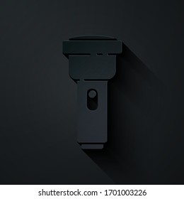 Paper cut Flashlight icon isolated on black background. Paper art style. Vector Illustration