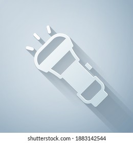Paper cut Flashlight icon isolated on grey background. Paper art style. Vector