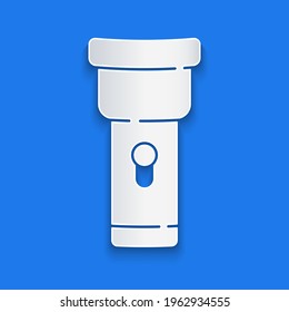 Paper cut Flashlight icon isolated on blue background. Paper art style. Vector
