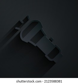 Paper cut Flashlight icon isolated on black background. Paper art style. Vector