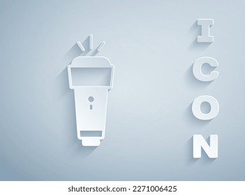 Paper cut Flashlight icon isolated on grey background. Paper art style. Vector