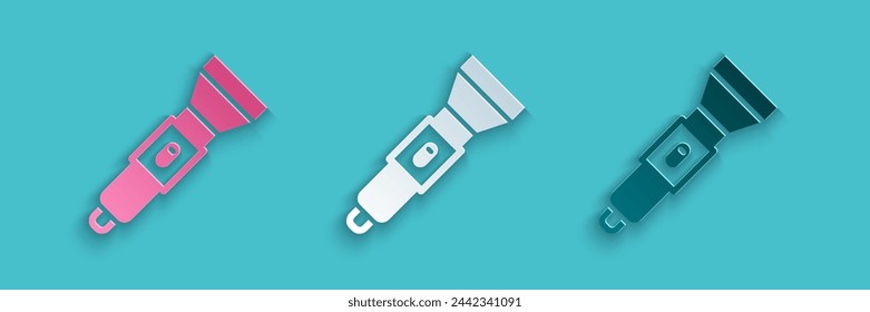 Paper cut Flashlight icon isolated on blue background. Paper art style. Vector