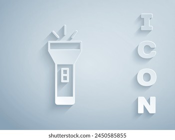 Paper cut Flashlight icon isolated on grey background. Paper art style. Vector