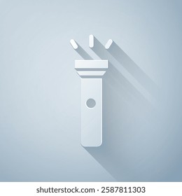 Paper cut Flashlight icon isolated on grey background. Paper art style. Vector Illustration