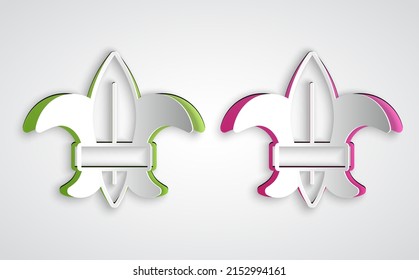 Paper cut Fleur de lys or lily flower icon isolated on grey background. Paper art style. Vector