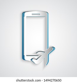Paper cut Flight mode in the mobile phone icon isolated on grey background. Airplane or aeroplane flight offline mode passenger regulation airline . Paper art style. Vector Illustration