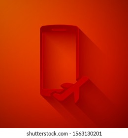Paper cut Flight mode in the mobile phone icon isolated on red background. Airplane or aeroplane flight offline mode passenger regulation airline . Paper art style. Vector Illustration