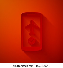 Paper cut Flight mode in the mobile phone icon isolated on red background. Airplane or aeroplane flight offline mode passenger regulation airline . Paper art style. Vector Illustration